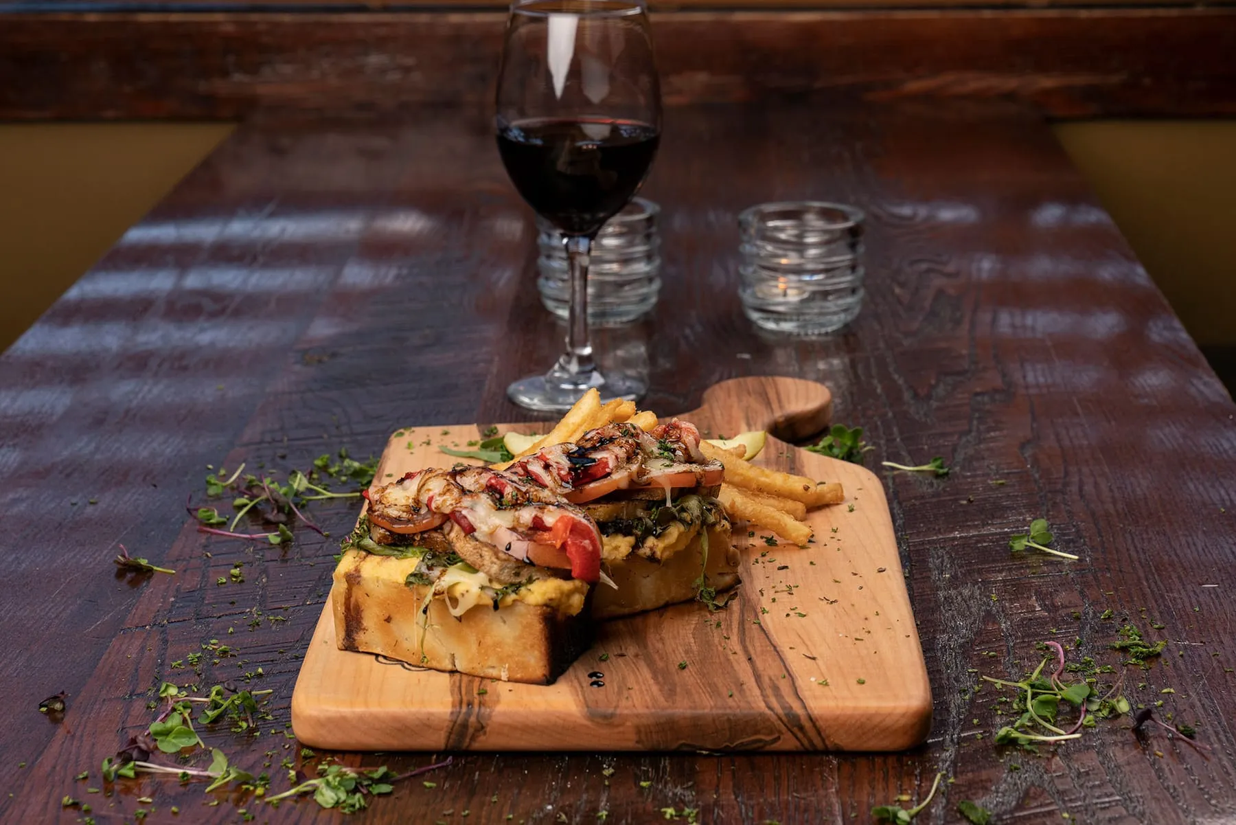 Veggie ciabatta and a glass of red wine